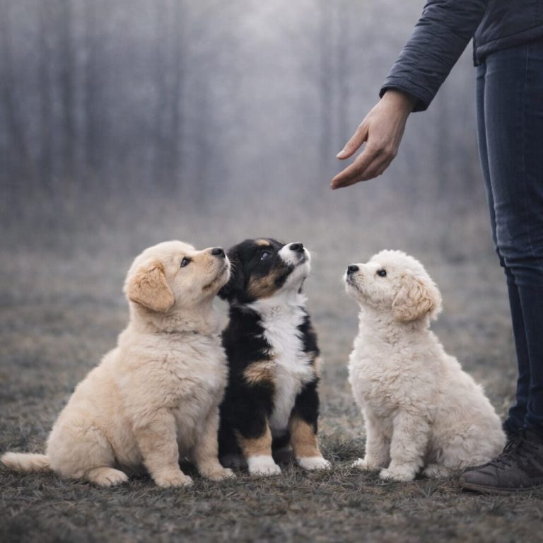Ein Bild einer Welpengruppe die brav sitz erlernen während der Welpenschule